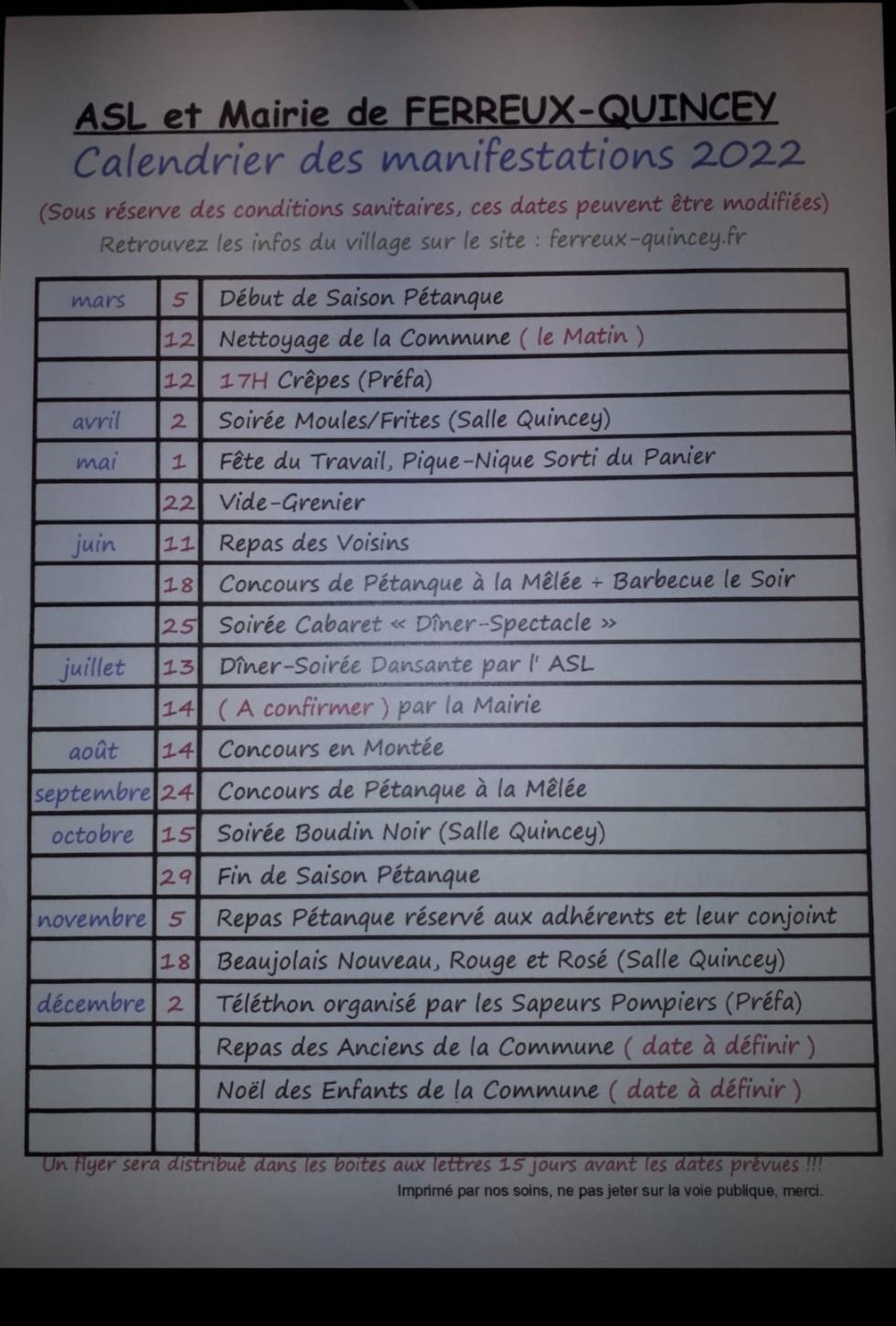 Calendrier 2022 a s l