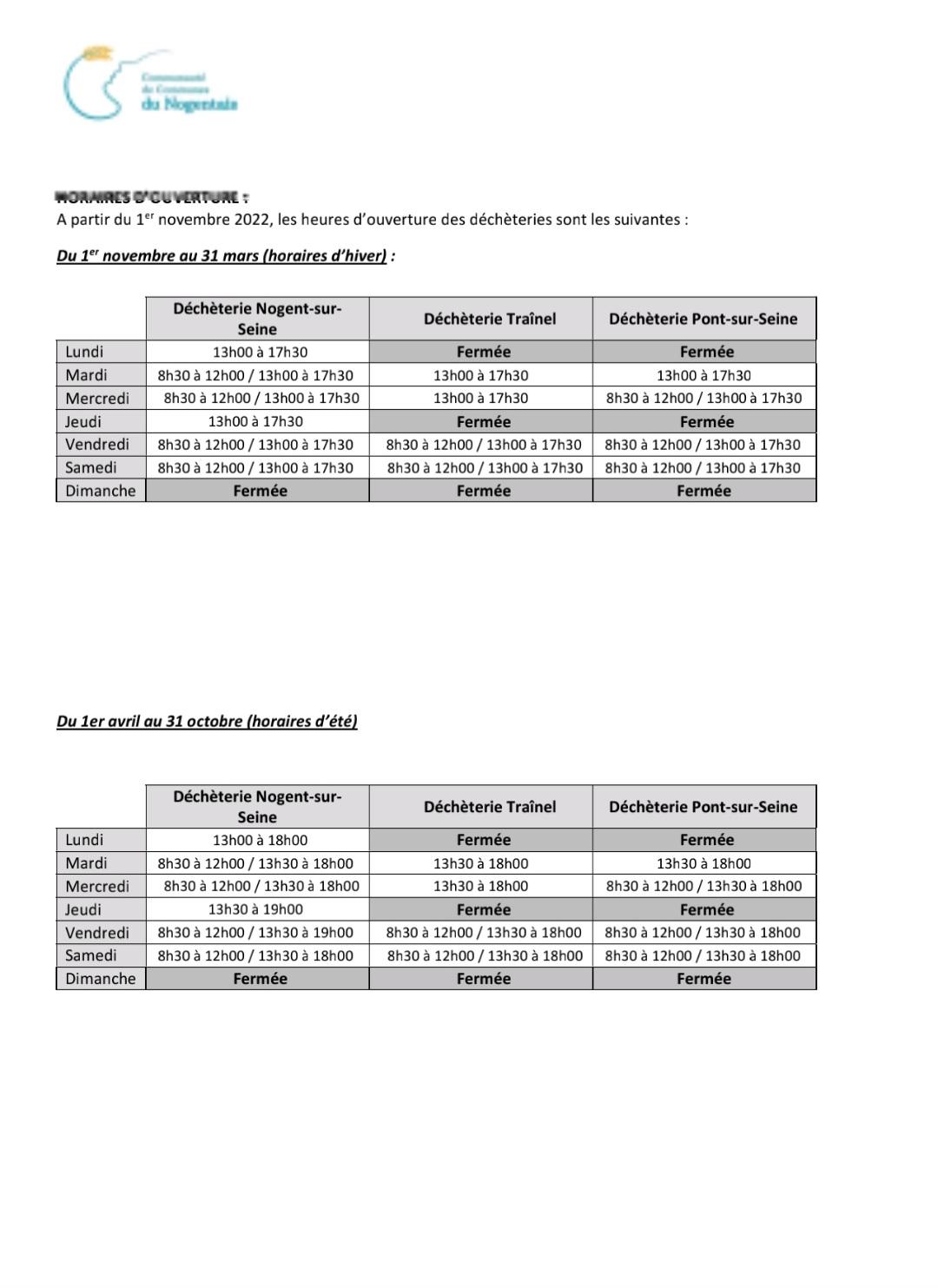 Horaires decheterie a compter du 01 11 2023